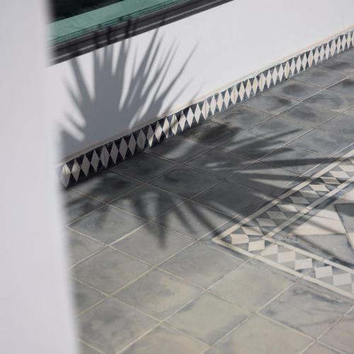a shadow of a plant on a tile floor at La Casa E Il Mare, Private Bay Hotel in Mattinata