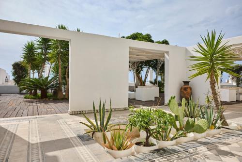 a courtyard with potted plants and a white building at La Casa E Il Mare, Private Bay Hotel in Mattinata