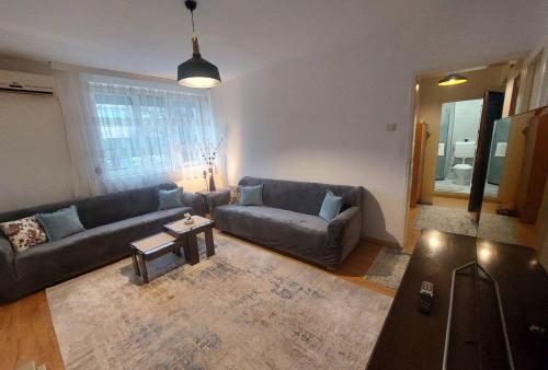 a living room with a couch and a table at City Center Apartment in Mitrovicë