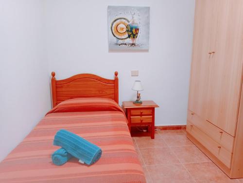 a bedroom with a bed with a blue object on it at Casa Nahara in Puerto del Rosario
