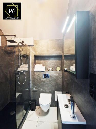a bathroom with a toilet and a shower and a sink at P6 Apartament Mini Light Black in Pisz