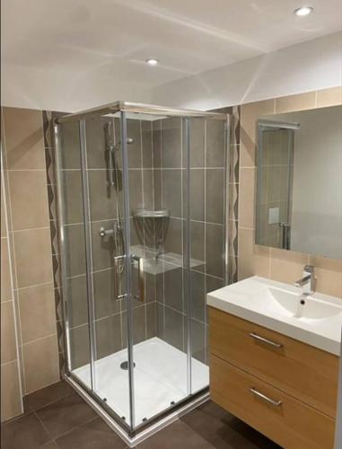 une salle de bain avec douche et lavabo dans l'établissement DOMAINE LOU BEL AZUR - Harmonie, à Saint-Laurent-du-Var