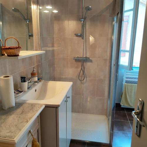 une salle de bain avec douche et lavabo dans l'établissement Agréable maison dans un beau village de montagne, à Siguer
