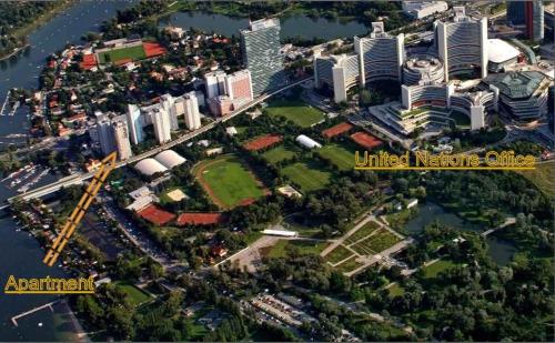 an aerial view of the city of united nations cities at Yuki's Place - UN-VIC, Danube Beach and Subway near to Downtown Vienna in Vienna