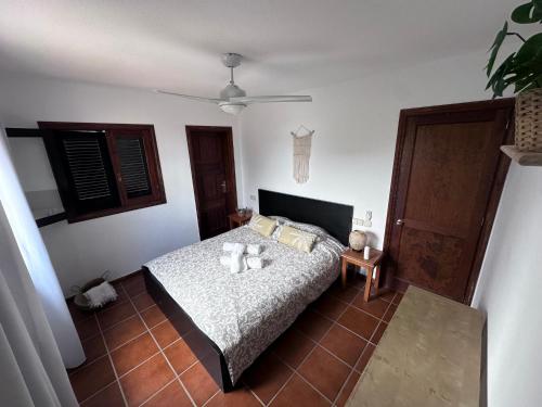 a bedroom with a bed and a ceiling fan at Dreamwaves Surf House Fuerteventura in La Oliva