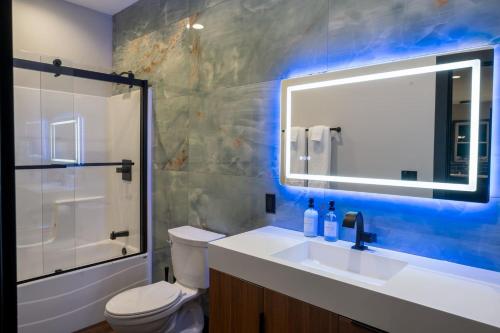a bathroom with a toilet and a sink and a mirror at Bonnie n Clyde and Jesse James in Hermann