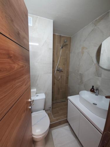 a bathroom with a toilet and a sink and a shower at Apartments JAT Kopaonik in Kopaonik