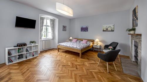 a bedroom with a bed and a television in a room at Penzion Popelka in Roudnice nad Labem
