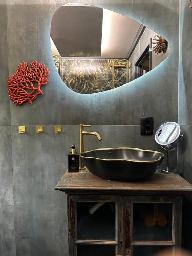 a bathroom with a black sink and a mirror at Blue Artist chalet Veluwe in Doornspijk