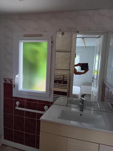 une personne prenant une photo d'un miroir de salle de bains dans l'établissement Chalet mer et campagne, à Bourgneuf-en-Retz