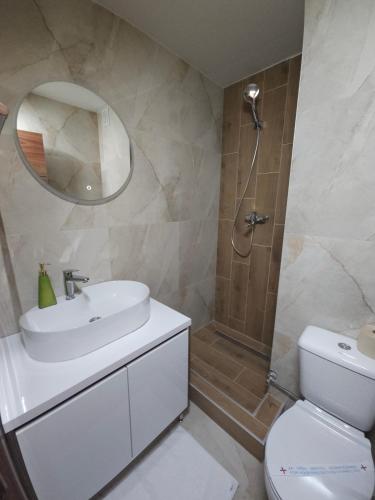 a bathroom with a toilet and a sink and a shower at Apartments JAT Kopaonik in Kopaonik
