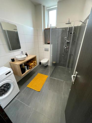 a bathroom with a shower and a washing machine at Bella Apartment Ostrava in Ostrava