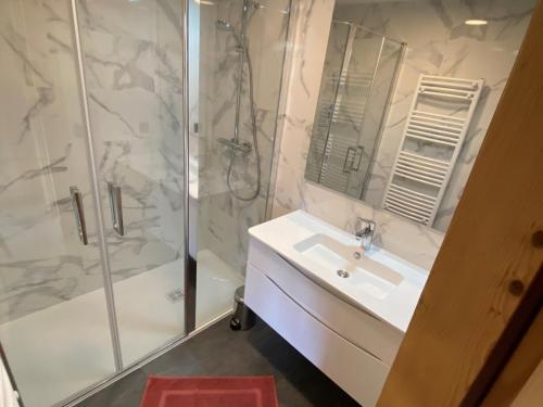 une salle de bain avec un lavabo et une douche dans l'établissement Charmant appartement: 1 ch, parking, WiFi, animaux admis - FR-1-671-13, aux Gets