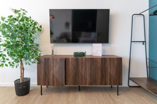 a tv on top of a wooden cabinet in a room with a plant at CABANA - Deluxe City-Center - kostenloser Parkplatz - Balkon - WiFi - Zentral in Oldenburg
