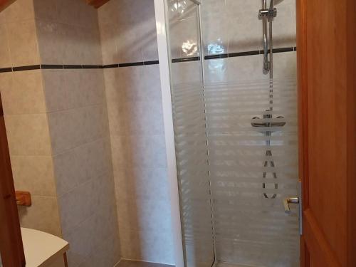 une douche avec une porte vitrée dans une salle de bain dans l'établissement Chalet individuel avec Wi-Fi, parking privé et animaux acceptés - FR-1-671-58, aux Gets