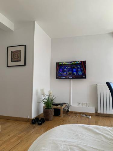 - une chambre dotée d'une télévision sur un mur blanc dans l'établissement Belle Apartment in Arcachon big balcony sw, à Arcachon