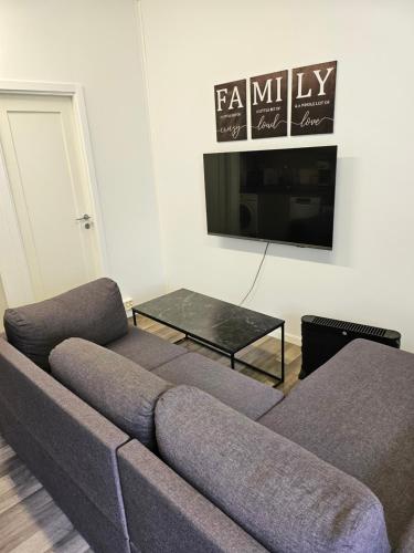 un soggiorno con un divano e una TV di TromsøApartment Silent area with free parking I have caravan for rent same place, 4 people a Tromsø