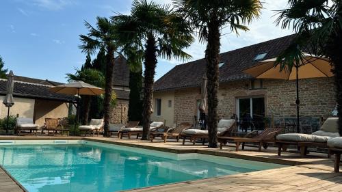 a swimming pool with chairs and palm trees next to a building at Domaine Kaet in Ratenelle