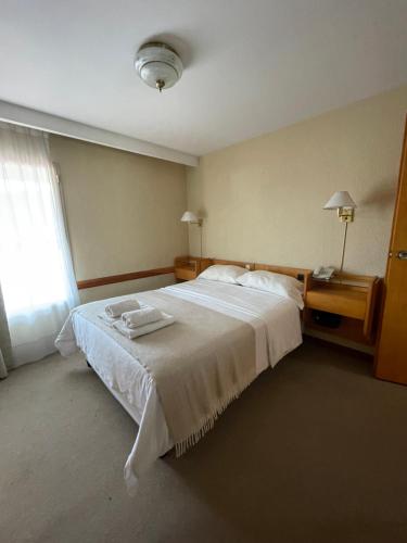a bedroom with a large white bed and a window at Hotel Tehuelche in Esquel