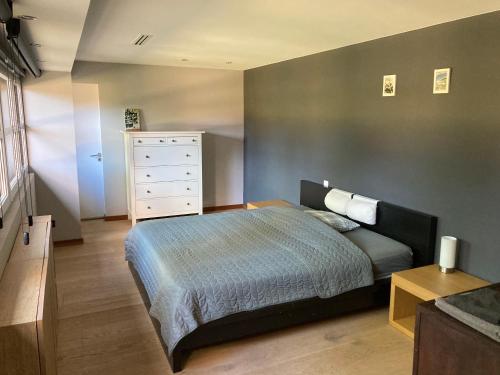 - une chambre avec un lit et une commode blanche dans l'établissement Maison exceptionnelle piscine, à Aussillon