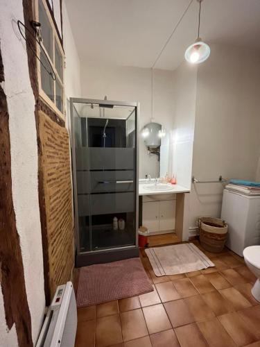 Un baño con ducha de cristal y lavabo. en Le Pink Lady Appartement centre historique de Bergerac, en Bergerac