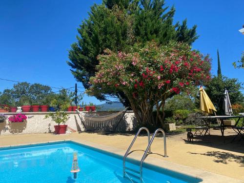 - une piscine avec un arbre et des fleurs roses dans l'établissement Studio Fontblachere, à Saint-Lager-Bressac
