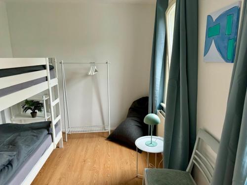 a bedroom with a bunk bed and a mirror at Leopold's Apartments mit Garten und Vesteblick Mitten in Coburg in Coburg