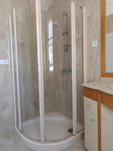 a shower with a glass door in a bathroom at Plaza Loft in Vilagarcia de Arousa