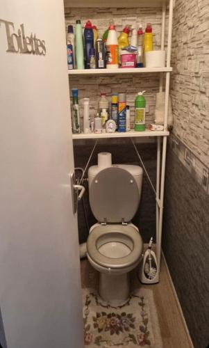 La salle de bains est pourvue de toilettes et d'une étagère avec des produits de nettoyage. dans l'établissement Family Home, à Fleury-Mérogis