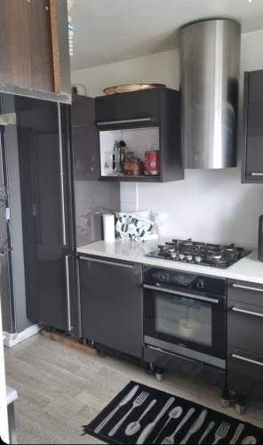 - une cuisine avec des armoires noires et une cuisinière dans l'établissement Family Home, à Fleury-Mérogis