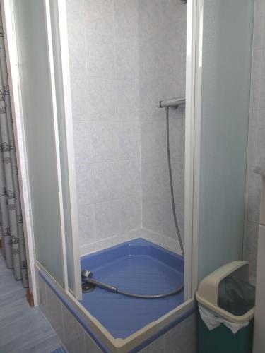 La salle de bains est pourvue d'une douche avec un sol bleu. dans l'établissement APPARTEMENT MER du samedi au samedi, à Saint-Georges-de-Didonne