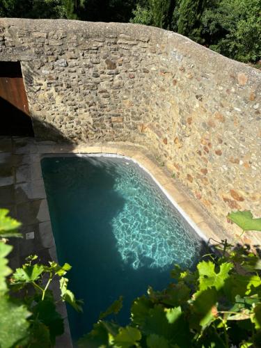 une piscine d'eau à côté d'un mur en pierre dans l'établissement La Maison de Victor, à La Bruguière