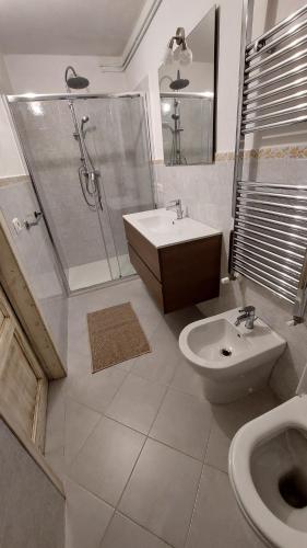 a bathroom with a sink and a shower and a toilet at Casa tipica montanara in Pievepelago