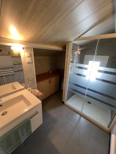 une salle de bain avec une douche en verre et un lavabo dans l'établissement Le Rascassou appartement vue sur la mer, à Narbonne