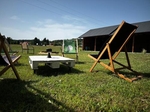 a ping pong table and a bench in the grass at Apartamenty Rycerskie in Inowłódz