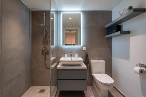 a bathroom with a sink and a toilet and a shower at Penthouse apartment with an amazing view in Tallinn