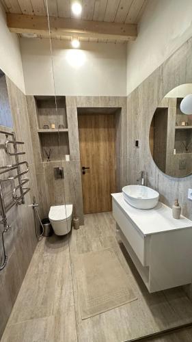 a bathroom with a sink and a toilet and a mirror at Шале Green Land in Bukovel