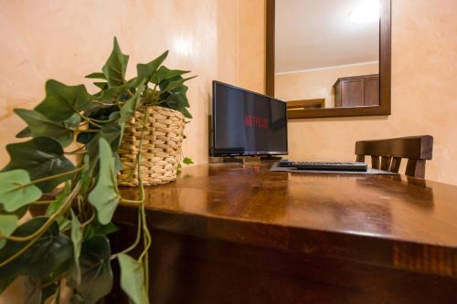 a desk with a computer and a plant on it at Maestoso Locazione Turistica in Rome