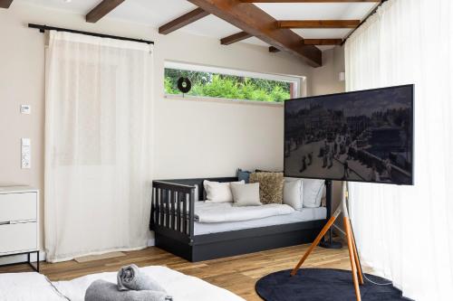 a living room with a couch and a tv at Villa von Maximus in Leipzig