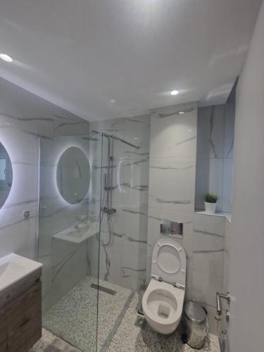 a bathroom with a toilet and a sink and a shower at Cozy Apartment in Asprovalta
