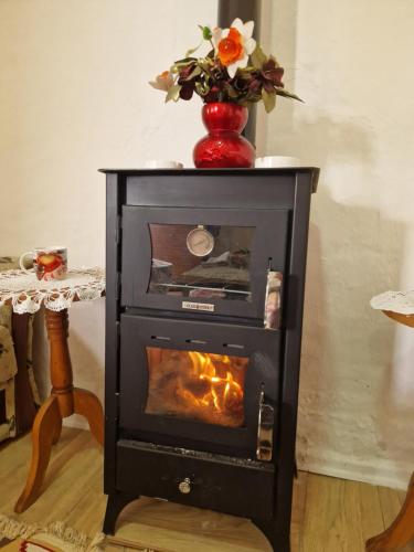 a wood stove with a vase on top of it at Guest House Vajzë S,Kasaj in Vlorë