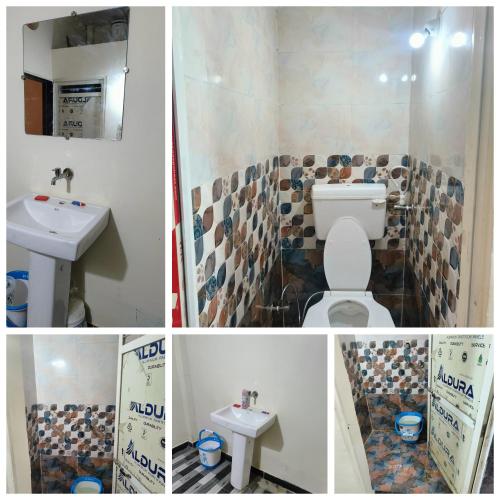 four pictures of a bathroom with a toilet and a sink at Kumkum guest house in Ujjain