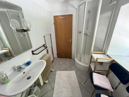 フィッシュバッハにあるFerienhaus Maierhoferの洗面台とシャワー付きのバスルーム