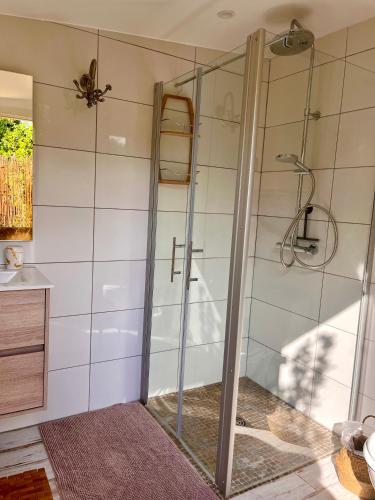une douche avec une porte vitrée dans une salle de bain dans l'établissement La bulle de sérénité, à Six-Fours-les-Plages