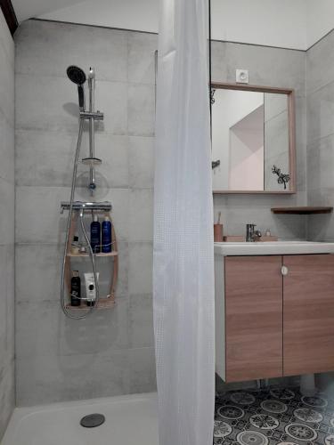 une salle de bain avec douche et lavabo dans l'établissement Holiday à Hyères plage repos balade sport mer bleu, à Hyères