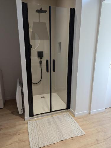 une douche avec une porte en verre et un tapis dans l'établissement Les Talards - 5 mn à pieds gare TGV, à Saint-Malo
