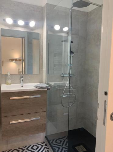 une salle de bain avec douche et lavabo dans l'établissement Maison avec piscine sur le golf - plage à 600m, à Moliets-et-Maa