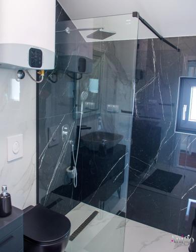a shower with a glass door in a bathroom at Bunska Venera in Blagaj