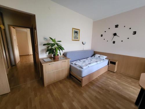 a room with a bed and a clock on the wall at József Attila Apartman Hajdúszoboszló in Hajdúszoboszló
