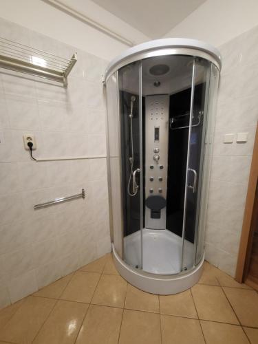 a bathroom with a walk in shower in a room at József Attila Apartman Hajdúszoboszló in Hajdúszoboszló